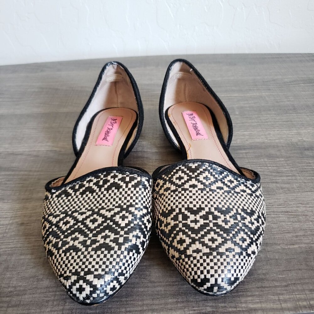 Betsey Johnson Cocoh D'orsay Woven Leather Flats Tribal Print Black/Tan Womens 6
